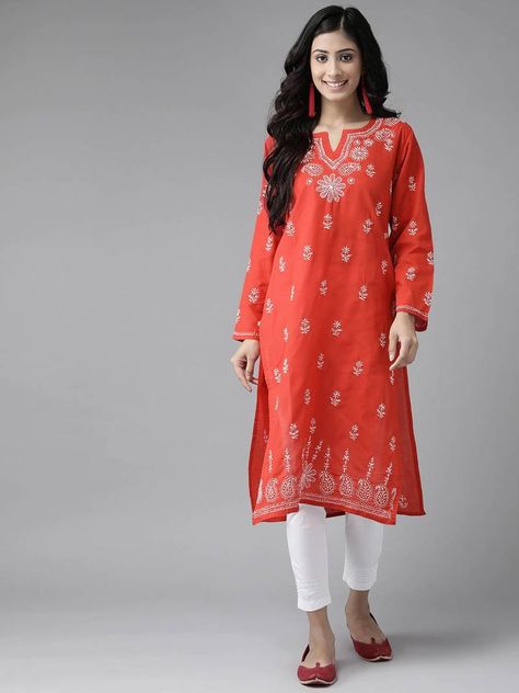 Red Cotton Lucknowi Chikankari Kurti Black Cotton Kurti, Lucknowi Chikankari Kurti, Chikan Embroidery, Lucknowi Kurta, Antique Jewellery Online, Lucknowi Chikankari, Embroidered Kurti, Kurta Dress, Cotton Kurti