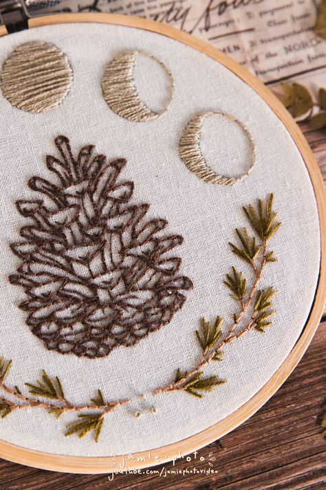 embroidery patterns Tree Ring Embroidery, Pine Needle Embroidery, Pinecone Embroidery Pattern, Embroidery Patterns Winter, Forest Embroidery Designs, Embroider Moon, Forest Embroidery Pattern, Woodsy Embroidery, Embroidery Pinecone