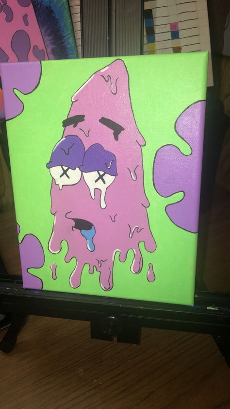 Pothead Painting, Patrick Painting, Trippy Painting Ideas On Canvas, Dope Paintings, Trippy Cartoon Drawing Ideas, Pop Art Simple, Cute Canvas Paintings Trippy, Square Painting Ideas, Dope Painting Ideas On Canvas