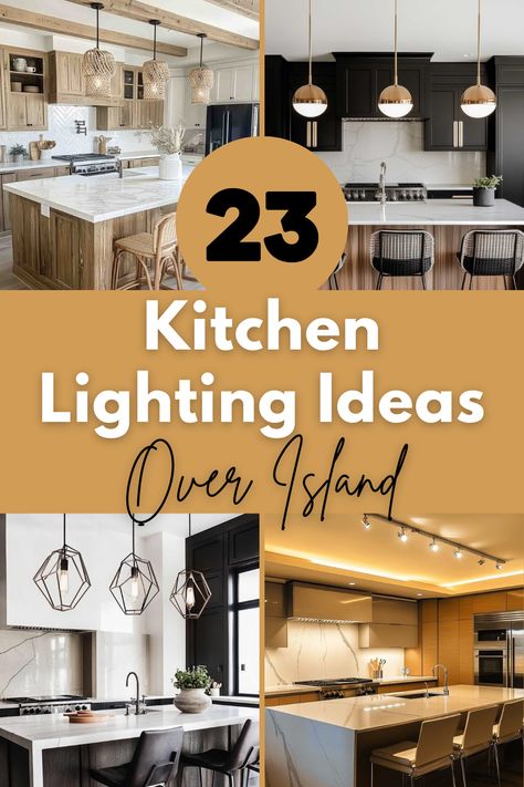 Looking to upgrade your kitchen lighting? These creative ideas for island lighting will brighten your space while adding style and charm to your cooking area. #KitchenLighting #IslandLighting #HomeDecorIdeas #LightingDesign #KitchenInspiration Light Above Small Kitchen Table, Grey Kitchen Lighting Ideas, Lights For Over Island In Kitchen, Pendant Lights Over Bar Area, Pendants And Chandelier In Kitchen, Black Kitchen Lights Over Island, Black Light Fixtures Kitchen Islands, Hanging Pendant Lights Kitchen Islands, 2 Lights Over Kitchen Island