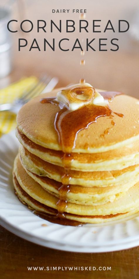 These easy cornbread pancakes topped with homemade cinnamon syrup are a flavorful twist on a classic breakfast favorite. These sweet, fluffy cornmeal pancakes are made from scratch, no Jiffy mix necessary. They’re dairy free, but this recipe also has directions for how to make them vegan. Cinnamon Syrup Recipe, Dairy Free Cornbread, Recipe Cornbread, Pancakes With Cinnamon, Cornbread Pancakes, Easy Cornbread, Cornmeal Pancakes, Cornbread Recipes, Jiffy Mix