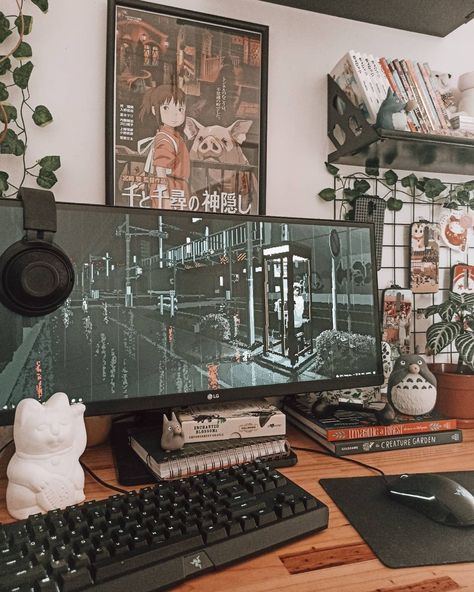 Cozy Game Aesthetic, Gamer Setup Aesthetic, Cozy Pc Setup, Cozy Gaming Setup, Bedroom Gaming, Gaming Desk Setup, Cozy Gaming, Cozy Desk, Computer Set