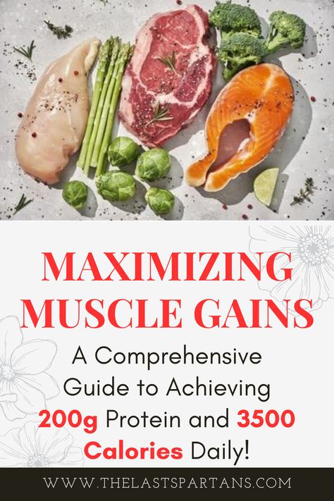 Wanting to pack on some size? How about this comprehensive 5 meal plan to help you achieve your calorie and protein goals! With 3500 calories a day you with consistently adding plates in no time! Here is a meal plan for a man consuming 3500 calories per day spread across 5 meals, with a daily total of 200 grams of protein. The macronutrient breakdown is also provided for each meal. Eating For Muscle Gain, Protein A Day, Muscle Gain Meal Plan, Muscle Building Meal Plan, Protein Goals, Gain Muscle Fast, Grass Fed Steak, Protein Meal Plan, Muscle Building Foods