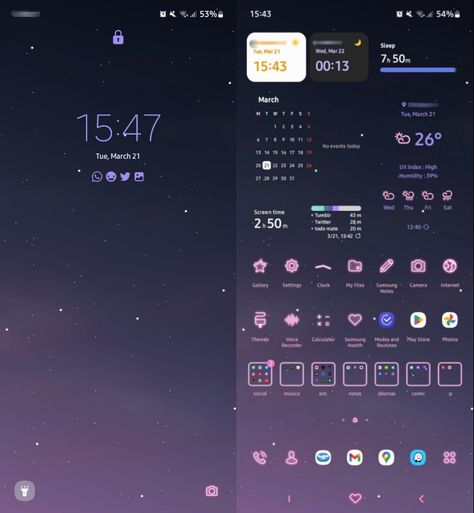 pink and purple, galaxy, samsung layout Galaxy Homescreen Layout, Pink And Purple Galaxy, Samsung Camera, Purple Galaxy, Galaxy Samsung, Health Routine, Phone Inspiration, Homescreen Layout, Screen Time