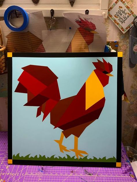 Barn Quilt Addicts | Well I finished my Rooster, it turned out cute but wish I’m made him a couple inches smaller Thanks to all of ya for your help with ideas how to tra... | Facebook Chicken Barn Quilt, Whirligigs Patterns, Chicken Barn, Painted Barn Quilts, Barn Quilt Designs, Happy Easter Everyone, Barn Quilt Patterns, Barn Board, Quilt Art