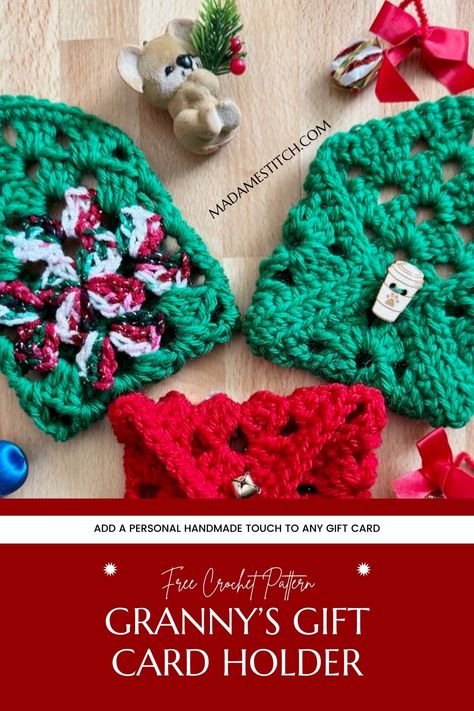 Add a personal touch to your gift-giving with this free granny square gift card holder crochet pattern! This quick and easy project transforms a simple gift card into a thoughtful keepsake. Perfect for any occasion, from birthdays to holidays, it shows how much you care while adding handmade charm. Plus, it’s eco-friendly—no need for disposable packaging! Make one in no time and impress your loved ones with this creative, heartfelt touch. #CrochetGiftCardHolder Knit Gift Card Holder Free Pattern, Crochet Gift Card Holders Free Pattern, How To Make Gift Card Holders, Crochet Christmas Cards, Crochet Card Holder Pattern Free, Crochet Gift Card Holder Pattern Free, Easy Christmas Crochet Patterns Free, Card Holder Crochet Pattern, Crochet Gift Card Holder