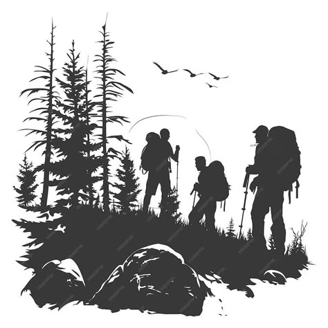 Premium Vector | Silhouette camp activity in nature full body black color only Trekking Illustration, Scout Drawing, Hiking Shirt Design, Hiking Silhouette, Camping Tattoo, Wooden Spoon Crafts, Inktober 2024, Spoon Crafts, Vector Silhouette