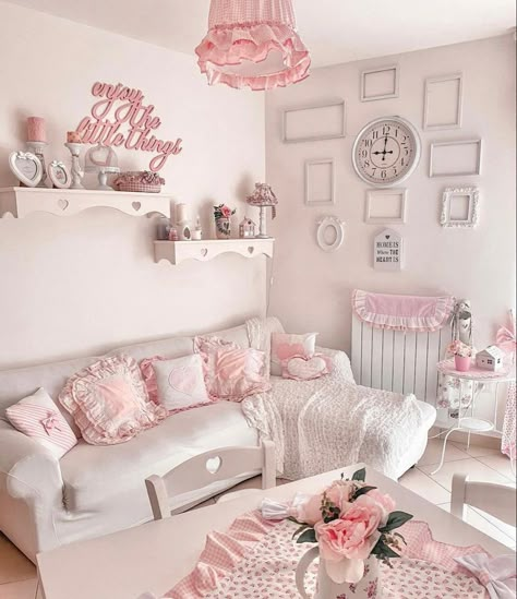 Pink Kawaii Living Room, Pastel Fairycore Room, Pink Living Room Aesthetic, Romantic Shabby Chic Living Room, Room Redecorating, Crystal Bedroom, Shabby Chic Apartment, Living Room Aesthetic, Pink Shabby Chic