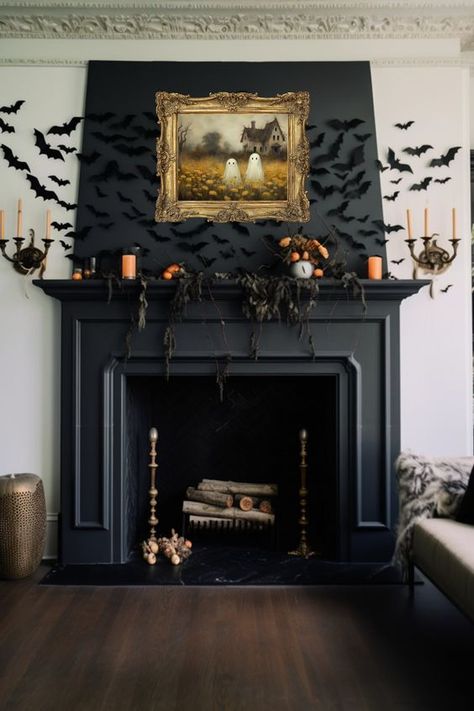 Classy Pumpkin Decorating, Front Steps Halloween Decor, Painted Mantle Ideas, Scandinavian Halloween, Halloween Fireplace Decor, 50s Halloween, Ghost Halloween Decorations, Halloween Styling, Fall Meadow