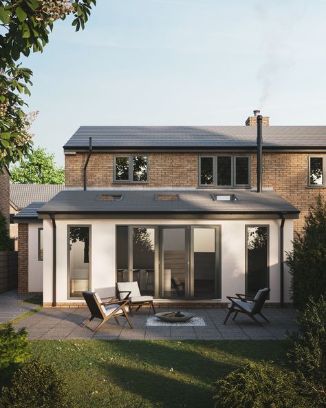 Single Story Rear Extension, Wrap Around Extension Semi Detached, Back Extension House, End Of Terrace Extension, Rendered Extension, Small Rear Extension Ideas, Stables Exterior, Single Story Extension, Lantern Roof Extension