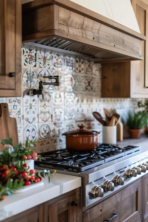 Rustic Backsplash Ideas for Cozy Kitchen Charm Rustic Kitchen With Brick Backsplash, Antique Kitchen Backsplash, Patterned Kitchen Tiles Backsplash Ideas, Stone Backsplash Kitchen Rustic, Cabin Backsplash Ideas, Rustic Backsplash Kitchen, Cabin Kitchen Backsplash, Farmhouse Kitchen Backsplash Tile, Rustic Backsplash Ideas