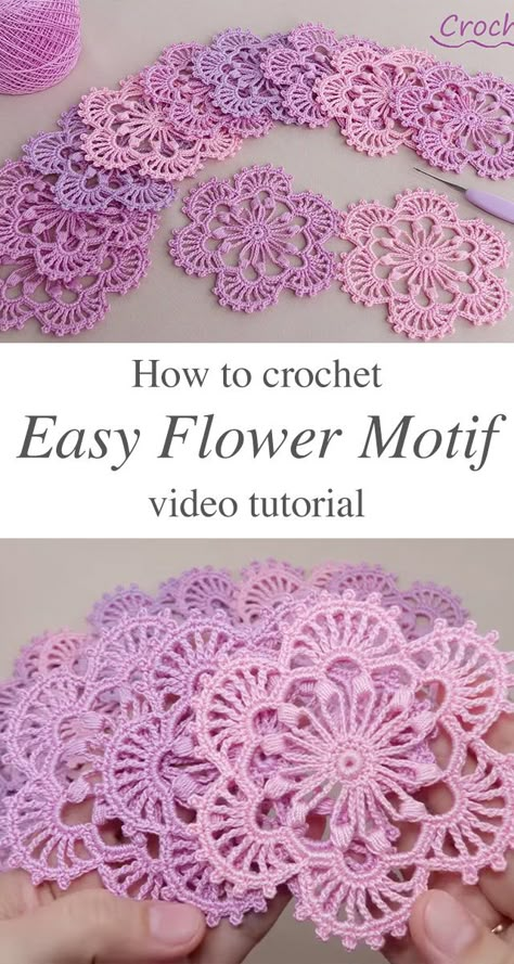 Crochet Easy Flower Motif Tutorial - CrochetBeja Dolly Crochet Patterns Free, Crochet Flower Edge, Thread Crochet Patterns Free Size 10, Surface Crochet Flower, Simple Crochet Flowers Free Pattern, Thread Crochet Patterns Free, Crochet Motif Patterns Free, Crochet Thread Patterns Free, Cute Crochet Ideas Easy