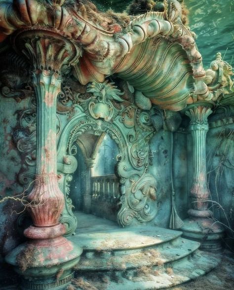 Mermaid Palace Aesthetic, Ocean Kingdom Fantasy Art, Disney Dnd, Mermaid Reference, Crystal Kingdom, Train Projects, Water Temple, Castle Ideas, Mermaid Aesthetic