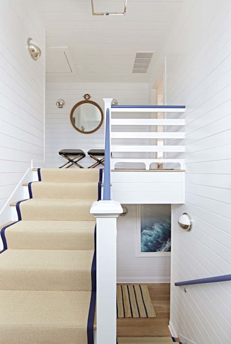 Contemporary Beach Bungalow-Chango-Co-12-1 Kindesign Shiplap Staircase, Coastal Bungalow, Beach Bungalow, White Shiplap, Coastal Living Rooms, Beach Cottage Style, Beach Bungalows, Nautical Home, Coastal Interiors