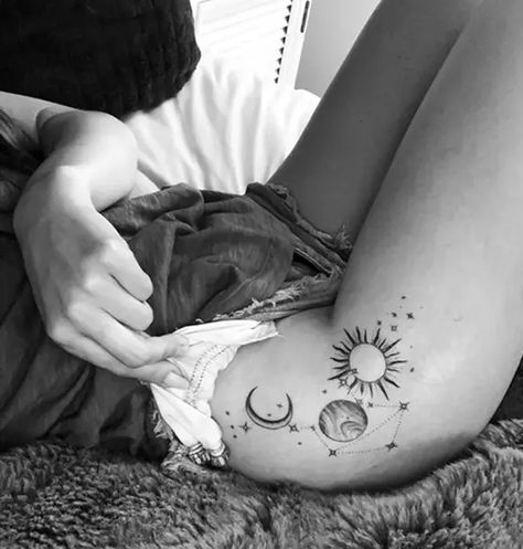 Tattoo Balance, Small Hip Tattoos Women, Hip Tattoos For Girls, Miniature Tattoos, Thigh Tattoos For Women, Upper Thigh Tattoos, Hip Tattoo Designs, Cute Thigh Tattoos, Girl Thigh Tattoos