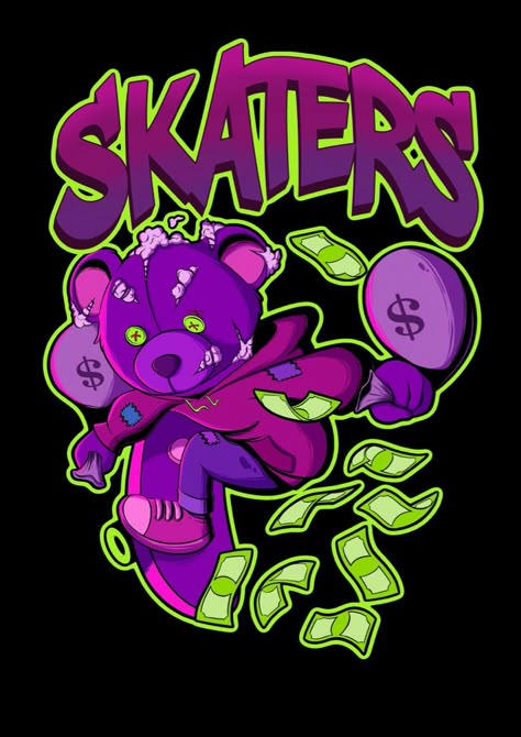 Streetwear purple teddy bear doing a trick ollie on his skateboard design illustration | fiverr Streetwear Shirt Design, Purple Graphic Design T-shirt For Streetwear, Black T-shirt With Cartoon Print For Streetwear, Purple Custom Print T-shirt For Streetwear, Purple Cartoon Print Fun T-shirt, Streetwear Illustration, Graphic Design Clothing, Purple Teddy Bear, Savage Wallpapers