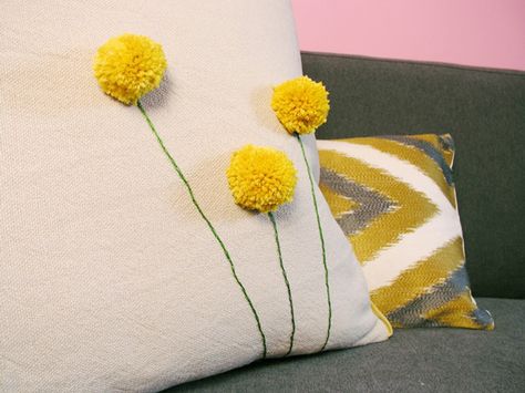 brett-bara-pillow-west-elm-diy-craft-custom-embroidery-project-brooklyn-billy-ball-applique-yellow-supplies-final-pillows-on sofa-yellow-marigold Diy Pillow Designs, Creative Pillows, Billy Balls, Diy Flores, Pom Pom Pillows, Fleurs Diy, Handmade Charlotte, Embroidered Throw Pillows, Bantal Sofa