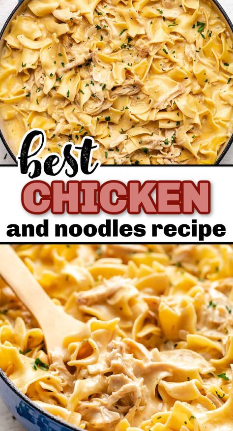 This Chicken and Noodles Recipe is the ultimate comfort food ready with just 15 minutes of prep! It features bites of juicy chicken tossed with tender egg noodles in a creamy and savory sauce. Cream of Chicken Soup | Easy Chicken Dinner Recipes | Egg Noodle Recipes | Easy Chicken and Noodles | Chicken Noodle Recipes | Chicken Egg Noodle Casserole | Chicken and Egg Noodles Recipe Stovetop | Quick Easy Chicken Recipes | Recipes for Rotisserie Chicken | Egg Noodle Recipes Easy, Stovetop Chicken And Noodles, Chicken And Egg Noodles Recipe, Egg Noodle Recipes Chicken, Recipes For Rotisserie Chicken, Chicken Egg Noodle Soup, Chicken Egg Noodle Casserole, Easy Chicken And Noodles, Homemade Chicken And Noodles