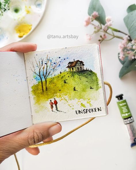 Mini Art Projects, Love Story Painting, Watercolor Miniatures, Mini Watercolor Paintings, Paint Journal, Quote Paintings, The Feeling Of Love, Tiny Paintings, Pen Work