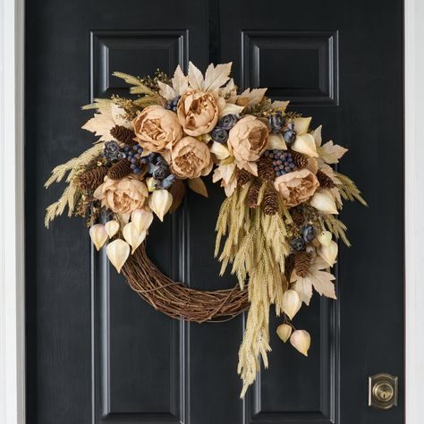 Available in: 26" Diameter x 6" Deep Indoor or Outdoor Covered Use Life-like Botanical & Floral Indoor or Outdoor Covered Use Designed, Handcrafted in Ohio Happy Holidays! Say it all with a Darby Creek Wreath this Season. Our Autumn Equinox Asymmetric Front Door Fall Wreath is the perfect statement piece for the front door, wall, or above the mantel in your home. This gorgeous wreath will say a merry little hello to all your guests and loved ones throughout the season. Darby Creek wreaths also m Fall Wreath Neutral Colors, Fall Wreaths Simple, Fall Winter Wreaths For Front Door, Oval Fall Wreath, Cute Wreath Ideas, Modern Fall Wreaths For Front Door, Fall Wreaths For Front Door Autumn, Fall Wreaths For Front Door Diy, Diy Fall Wreath For Front Door