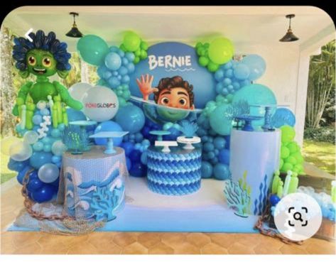 Blue And Green Theme Party, Lucas Birthday Party Ideas, Luca Disney Birthday Party, Luca Birthday Party Ideas Decoration, Luca Party Theme, Luca 1st Birthday Party Ideas, Luca Party Decorations, Luca Birthday Party Decorations, Disney Luca Birthday Party Ideas