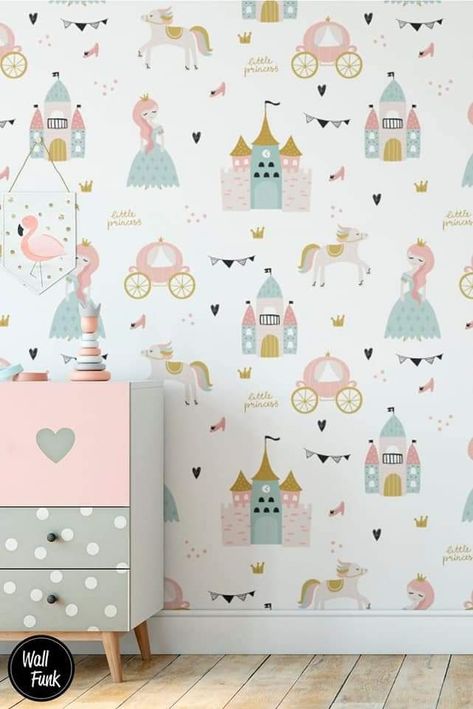 Princess Wallpaper For Bedroom, Wallpaper For Playroom, Wallpaper Girls Room, Girls Bedroom Wallpaper, Rose Bedroom, Bedroom For Girls Kids, Unicorn Room, Pink Girl Room, Princess Nursery