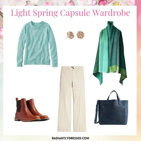 Light Spring Winter Wardrobe, Spring Light Warm Outfit, Light Spring Fall Outfits, Capsule Wardrobe Light Spring, Light Spring Capsule, Light Spring Colors To Avoid, Light Spring Capsule Wardrobe, Completer Pieces, Cozy Warm Spring Cardigan