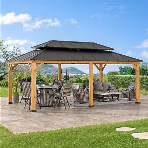 Sunjoy 12 x 20 ft. Wood Gazebo, Outdoor Patio Steel Hardtop Gazebo, Cedar Framed Wooden Gazebo with 2-Tier Metal Roof, Suitable for Patios, Lawn and Backyard, Dark Brown Roof + Natural Wood Frame Wood Gazebo, Outdoor Structure, Brown Roof, Wooden Gazebo, Hardtop Gazebo, Outdoor Gazebos, Aluminum Roof, Roof Colors, Patio Gazebo