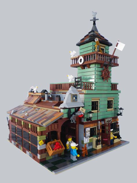 LEGO Modular Anton's Fish Market, Alternative build to set 21310 Old Fishing Store - Bricker & Co Unlimited Modular Environment, Fishing Store, Lego Lovers, Lego Modular, Diving Gear, Lego Worlds, Fish Market, Lego House, Modular Building