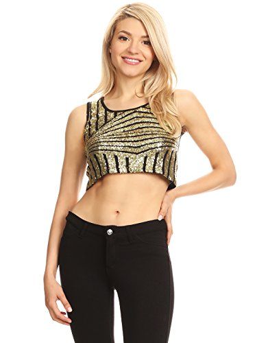 Anna-Kaci Womens Sparkle Stripe Front Sequin Slim Fit Cropped Vest Tank Tops, Gold, Small Geometric Diamond Pattern, Trendy Crop Tops, Party Blouse, Crop Top Designs, Strap Crop Top, Sequin Design, Cropped Vest, Button Up Blouse, Bra Straps