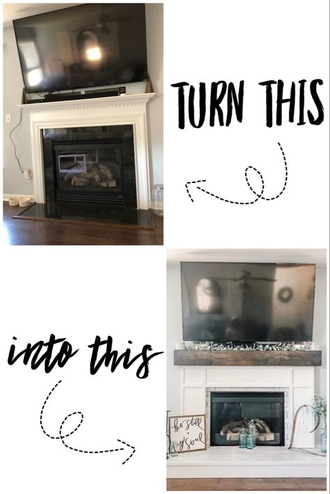 How To Redo Fireplace Mantle, How To Build A Raised Fireplace Hearth, Fireplace With Dental Molding, Adding Molding To Fireplace, Build A Gas Fireplace Surround, Black Builder Grade Fireplace, Fireplace Makeover Craftsman Style, Fireplace Makeover Mantle, Revamp Fireplace Surround