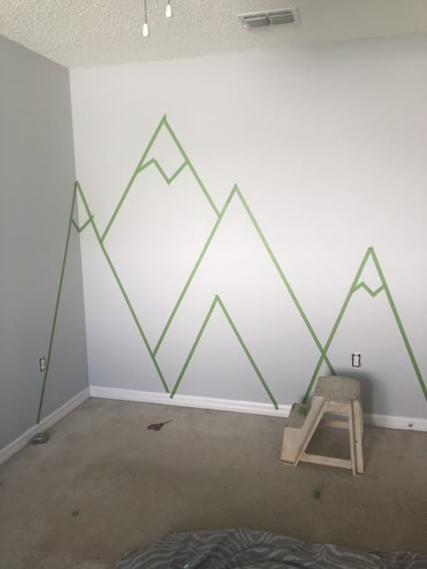 Toddler Mountain Bedroom, Boy Nursery Paint Ideas, Painting Mountains On Wall, Blue And Green Boys Room, Baby Room Paint Ideas, Mountain Baby Room, Boys Woodland Bedroom, Woodland Boys Room, Mountain Nursery Wall