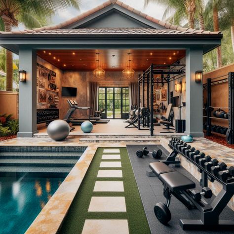 Design your perfect fitness retreat with a home gym, outdoor pool, and workout space. Ideal for fitness enthusiasts. #FitnessRetreat #HomeGymDesign #HomeGym #GymDesign #PoolDesign Home Gym With Pool, Patio Gym Ideas, Gym With Pool, Backyard Workout, Patio Gym, Home Gym Design Luxury, Garden Gym, Gym Space, Backyard Gym