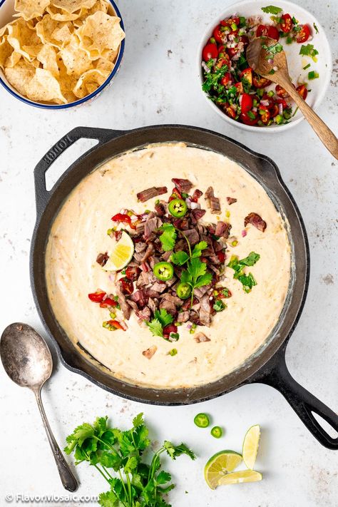 Brisket Queso recipe is a creamy, smoky, and meaty Tex Mex queso dip, topped with pico de gallo, perfect for the Super Bowl, Cinco de Mayo, or a game day party. Heb Queso Dip, Heb Brisket Queso Recipe, Brisket Appetizer Ideas, Brisket Queso Dip, Brisket Dip, Tex Mex Queso, Elote Corn Dip, Brisket Queso, Fresh Lemon Recipes