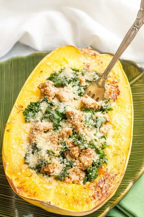 Stuffed spaghetti squash with sausage and kale is an easy 6-ingredient recipe for a delicious, hearty, low-carb dinner! Hiya friends! How are you all doing? I had a little stomach bug earlier in the week -- thank you, back-to-school germs -- but am now mostly rested, recovered and hoping it doesn't make the rounds in our...Read More Spaghetti Squash With Sausage, Squash With Sausage, Stuffed Spaghetti Squash, Sausage And Kale, Foodgawker Recipes, Stuffed Squash, Sausage Spaghetti, Healthy Family Dinners, Spaghetti Squash Recipes