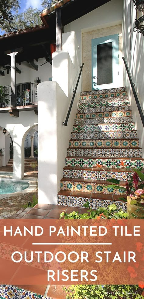 Tiled Stair Risers Outdoor, Tiled Step Risers, Mosaic Tile Stair Risers, Spanish Tile Stair Risers, Outdoor Porch Tiles Front Steps, Painted Outdoor Stairs, Painted Exterior Stairs, Painted Steps Outdoor, Tile Stairs Outdoor