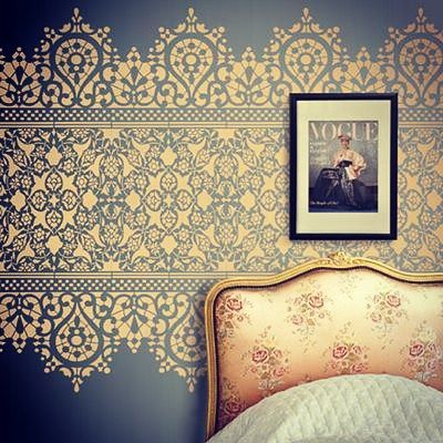 #gold #lace #wallpaper #home #bedroom #interiordesign Lace Stencil, Border Stencil, Tile Stencil, Yellow Bedroom, Trendy Living Rooms, Room Paint Colors, Bedroom Paint Colors, Brown Living Room, Trendy Bedroom