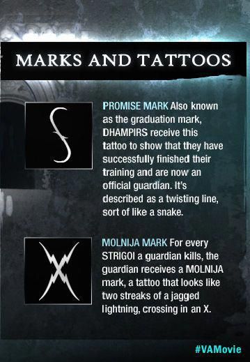 Richelle Mead's Vampire Academy Marks & Tattoos Explained – Dhampirs wear two categories of tattoos. The first is a Promise Mark, to prove they successfully finished guardian training. It looks something like an "S." The second type of tattoo is called a Molnija Mark and looks like an "X." A guardian gets the mark added to her skin every time she kills a Strigoi. These vamp stamps sound very tribal to us. #tattooinfographic Vampire Academy Tattoo, Vampire Academy Quotes, Vampire Academy Books, Style Examples, Vampire Academy Movie, Bloodlines Series, Taylor Swift Fashion, Richelle Mead, Dimitri Belikov