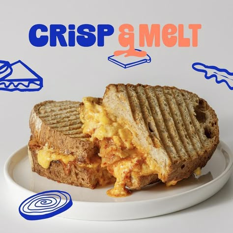 alex ⁕ brand designer & strategist on Instagram: "easy, breezy, & cheeezy!! 🧀 this is my take on the latest brief from @designerbriefs for crisp & melt — a trendy lunchroom specializing in delicious toasted sammiches! i was dyingggg to use this color palette and i think the sharp blues and creamy oranges really work in making the vibe feel trendy, modern, and fresh, yet relatable! what do you think? would you eat a grilled cheese from this sandwich shop?! #dbcrispmelt #designerbriefs #foodandbeveragebranding #restaurantbranding #fooddesign #restaurantdesign #brandbrief #designbrief #retrobrand #handdrawndesigns #trendydesigns #logodesigner #brandstory #brandstorytelling #brandidentity #menudesign #icondesign #illustration #brandpattern #branddesign #brandstrategist #creativeentrepren Sandwich Shop Branding, Sandwich Menu Design, Sandwich Branding, Toast Branding, Sandwich Logo, Sandwich Illustration, Sandwich Design, Sandwich Menu, Chicken Boxes