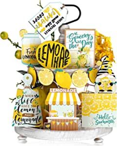 Lemon Decorations, Lemon Tiered Tray Decor, Lemon Table Decor, Decorations For Kitchen, Wooden Table Decor, Lemonade Sign, Summer Table Decorations, Summer Lemonade, Holiday Kitchen Decor