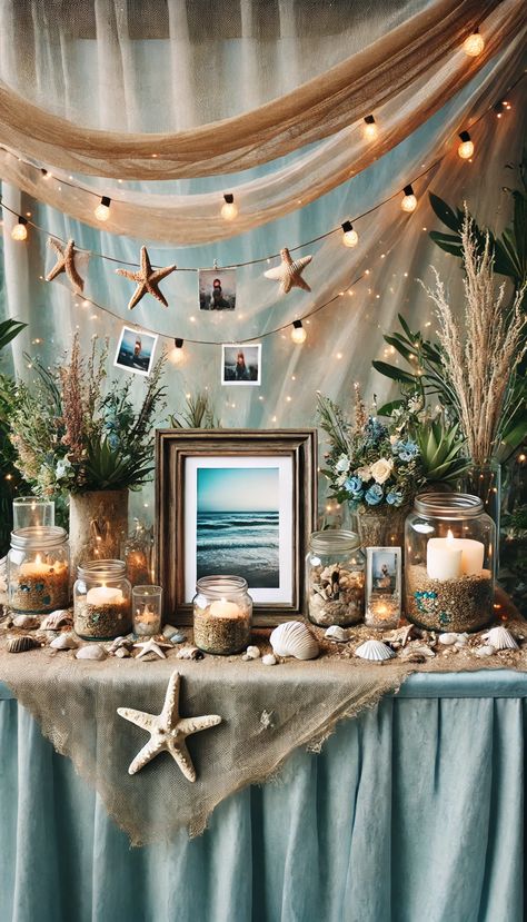 🌟 21 Stunning Celebration of Life Decoration Ideas That Will Inspire You to Honor Your Loved Ones Beautifully 🌸 Seashell Backdrop, Celebration Of Life Decor, Blue Linen Tablecloth, Tea Party Table Settings, Ocean Theme Party, Tea Party Table, Market Table, Seaside Theme, Sweet 16 Decorations