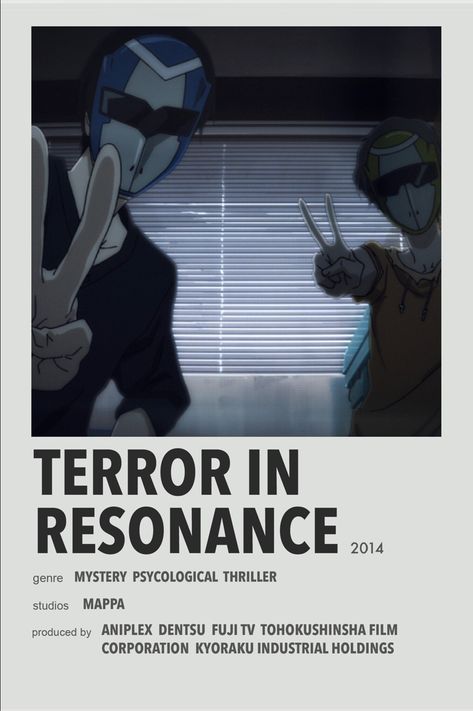 Terror In Resonance Minimal anime poster Anime To Watch, Terror In Resonance, Anime Sites, Action Anime, Anime Suggestions, Anime List, Film Posters Minimalist, Animes To Watch, Anime Printables