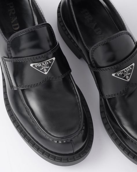 Black Chocolate brushed leather loafers | Prada Dress Shoes Men Loafers, Black Loafers Men, Prada Loafers, Mens Black Dress Shoes, Wedding Tuxedo, Prada Fashion, Black Dress Shoes, Men Loafers, Black Loafers