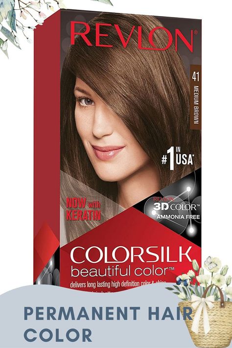 Permanent Hair Color by Revlon, Permanent Hair Dye, Colorsilk with 100% Gray Coverage, Ammonia-Free, Keratin and Amino Acids, 41 Medium Brown, 4.4 Oz (Pack of 1) Hair Dye For Brunettes, Best Box Hair Dye, Revlon Hair Color, Box Hair Dye, Permanent Hair Dye Colors, Medium Brown Hair Color, Ammonia Free Hair Color, How To Dye Hair At Home, Hair Color For Fair Skin