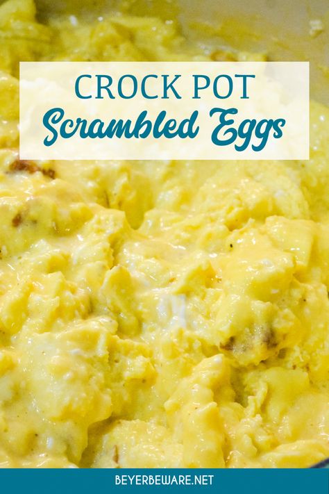 Want a make-ahead scrambled egg recipe that can feed a crowd? Make fluffy crock pot scrambled eggs the night before and have the best scrambled eggs in just two hours. With a secret ingredient you will have people raving over your scrambled eggs. Eggs In Slow Cooker, Crockpot Eggs Overnight, Slow Cooker Egg Bake, Bulk Scrambled Eggs, Make Ahead Scrambled Eggs For A Crowd, Fluffy Scrambled Eggs The Secret, Crock Pot Scrambled Eggs, Crockpot Egg Bake, Crockpot Scrambled Eggs