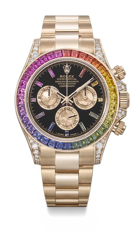 ROLEX. A VERY RARE AND IMPRESSIVE 18K PINK GOLD, DIAMOND AND MULTI-COLOURED SAPPHIRE-SET AUTOMATIC CHRONOGRAPH WRISTWATCH WITH BRACELET, SIGNED ROLEX, DAYTONA 'RAINBOW' MODEL, REF. 116595RBOW, CIRCA 2019 | Christie's Rolex Daytona Rainbow, Gold Rolex, Mansions Homes, Rolex Oyster, Rolex Daytona, Card Holder Leather, Pink Gold, Rolex Watches, Very Rare