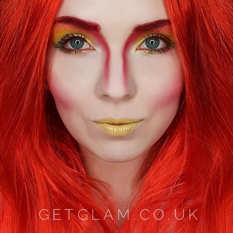 Phoenix inspired makeup // X-Men Phoenix Costume Makeup, Drag King Makeup, Seussical Jr, Phoenix Makeup, Phoenix Costume, Bold Makeup Looks, Witch Makeup, Drag King, Inspired Makeup