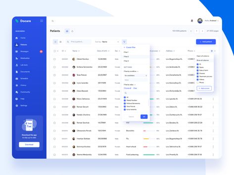 Docare. Database interface by Andrew Vynarchyk on Dribbble Table Ui Design, Table Ui, Ui Design Mobile, Dashboard Interface, Ui Design Dashboard, Web Dashboard, Database Design, Dashboard Ui, Dashboard Design