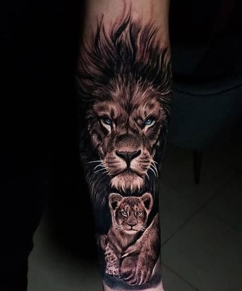 Lion Daughter Tattoo, Men Tattoo For Son, Father Son Animal Tattoo, Lion Son Tattoo, Father Daughter Lion Tattoos, 2 Lions Tattoo, Father Son Lion Tattoo, Lion And Lion Cub Tattoo, Lion And Cubs Tattoo Father