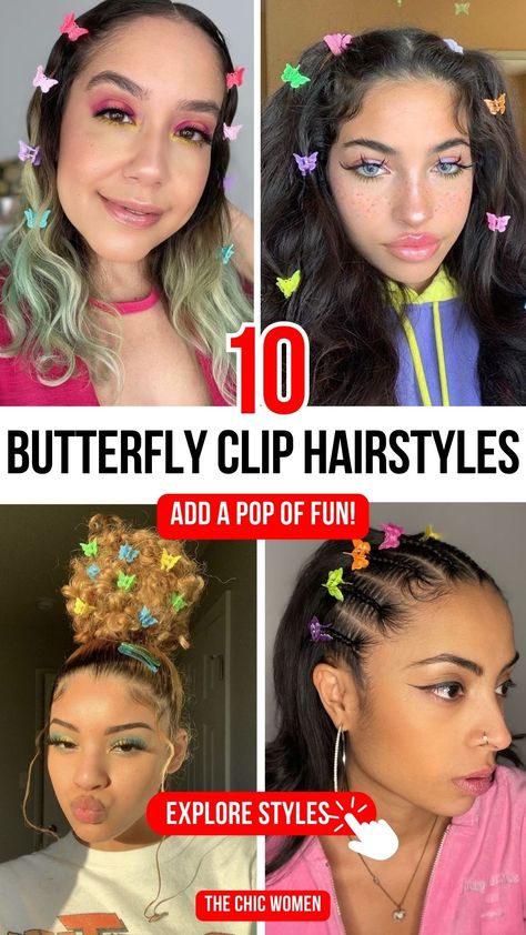 22 Butterfly Clip Hairstyle Ideas to Rock the Party Mini Clip Hairstyles Long Hair, Space Buns Butterfly Clips, Hairstyles Using Butterfly Clips, 90s Hairstyles Butterfly Clips, Butterfly Clip Hairstyles, Hairstyles With Hair Clips, Butterfly Clips Hairstyles, Hair Clips Hairstyles, Half Braided Hairstyles